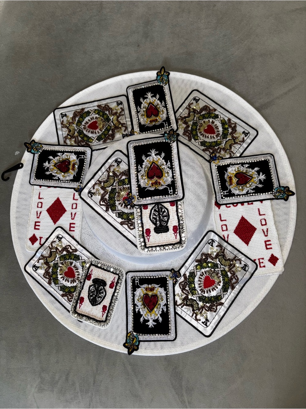Embroidered Playing Card Sun Hat - White with Red and Black Accents